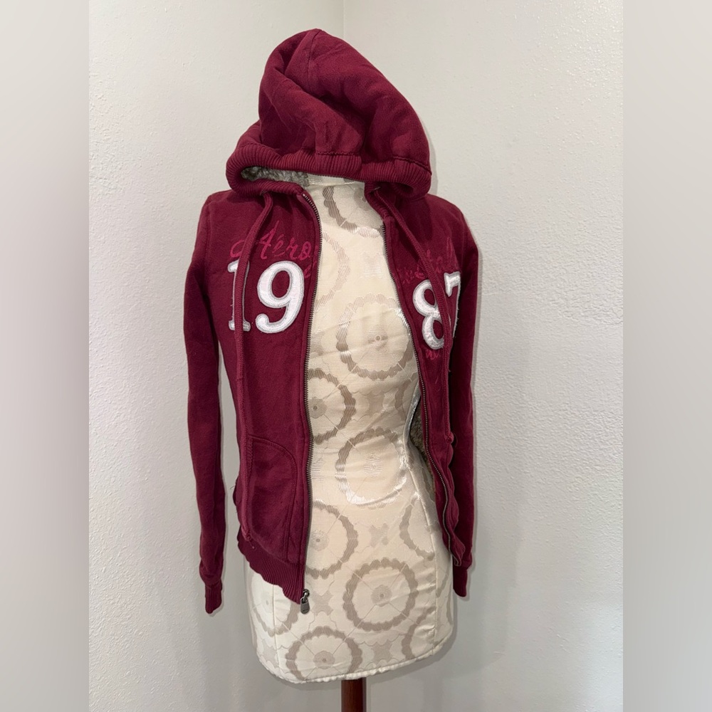 Aeropostale Y2K Vintage Burgundy Zip Up Hoodie Jacket Faux Fur Lining Size Small - Picture 11 of 15
